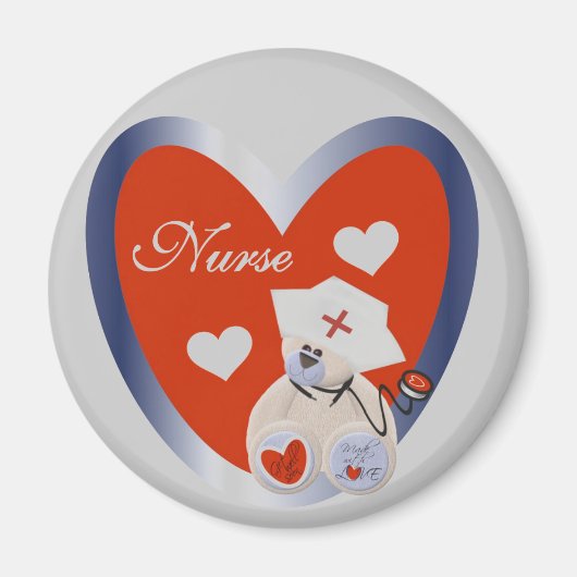 Aimant Ours-infirmière avec T-shirts et cadeaux de coeur (Devant)