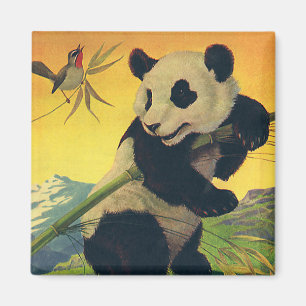 Aimant Ours Panda Mignon Vintage Mangeant du Bambou, Anim