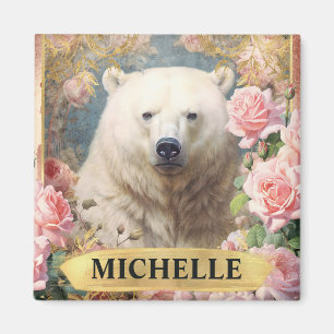 Aimant Ours polaire vintage aquarelle et roses roses