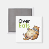Aimant Over Eats - Funny Fat Cat Eating Fish Cartoon (Recto/Verso)
