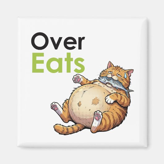 Aimant Over Eats - Funny Fat Cat Eating Fish Cartoon (Devant)