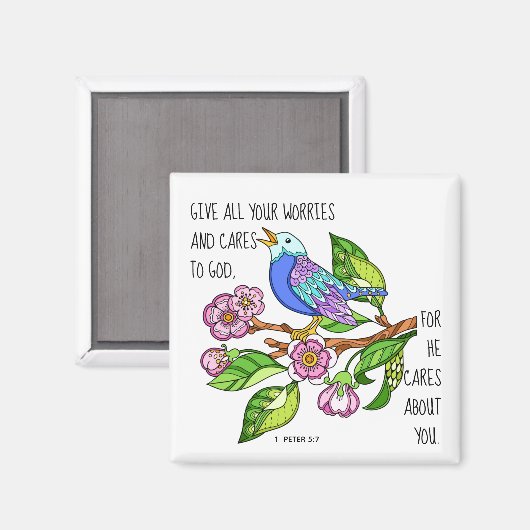 Aimant Painted bird, w verse from 1 Peter 5:7 (Recto/Verso)