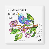 Aimant Painted bird, w verse from 1 Peter 5:7 (Devant)