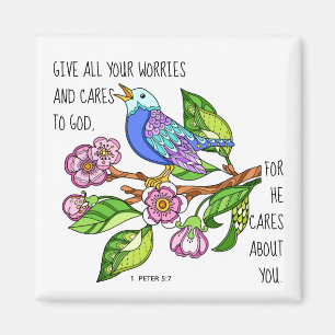 Aimant Painted bird, w verse from 1 Peter 5:7