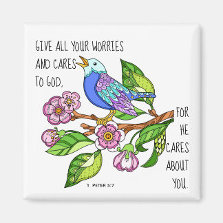 Aimant Painted bird, w verse from 1 Peter 5:7