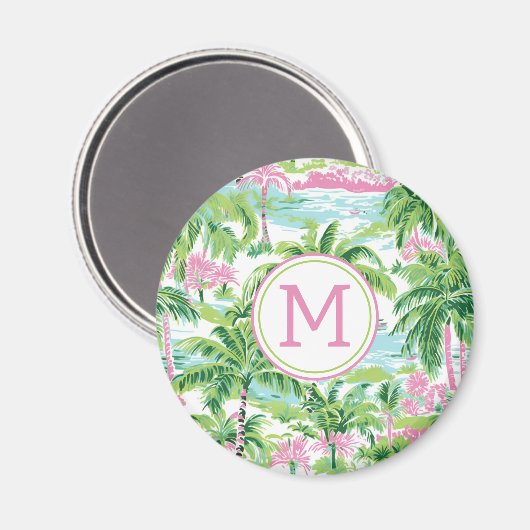 Aimant Palmiers tropicaux rose et vert de Preppy Monogram (Recto/Verso)