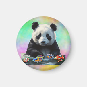 Aimant Panda regarde un groupe de poissons colorés nagean