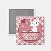 Aimant Panier de tartan rose pastel avec chaton blanc mig (Recto/Verso)