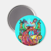 Aimant PAONS AMOUREUX  MONOGRAMME rouge bleu turquoise ve (Recto/Verso)