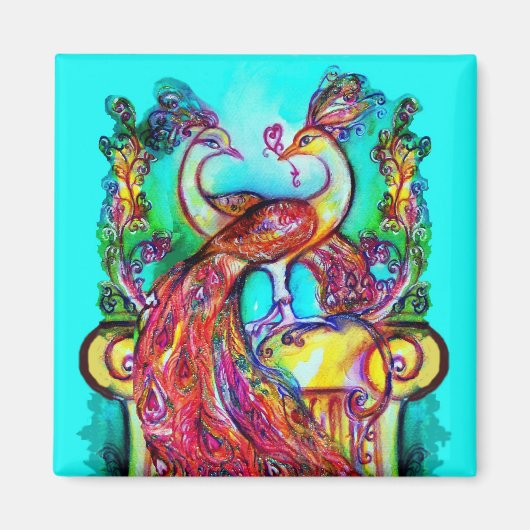 Aimant PAONS AMOUREUX MONOGRAMME rouge bleu turquoise ve (Devant)