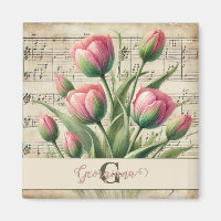 Papier à musique vintage tulipes roses et vertes M