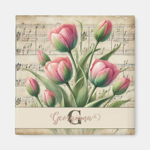 Aimant Papier à musique vintage tulipes roses et vertes M