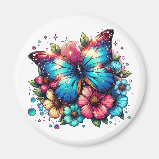 Aimant Papillon bleu et fleurs (Devant)