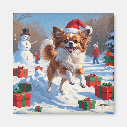 Aimant Papillon Chien courant dans la neige avec Casquett (Devant)