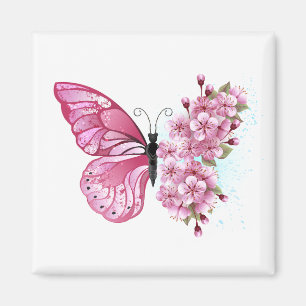 Aimant Papillon de fleurs avec Sakura rose