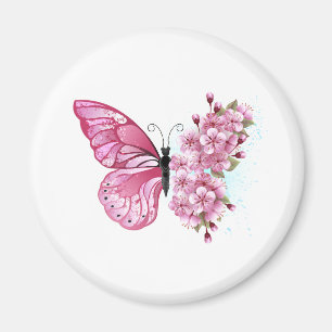 Aimant Papillon de fleurs avec Sakura rose