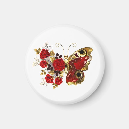 Aimant Papillon de fleurs rouges aux roses rouges (Devant)