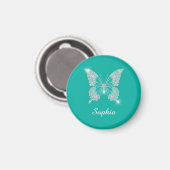 Aimant Papillon Diamant Blanc, Nom de Script, Bleu Cyan (Recto/Verso)