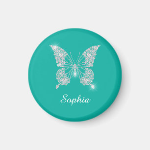 Aimant Papillon Diamant Blanc, Nom de Script, Bleu Cyan