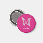 Aimant Papillon Diamant Blanc, Nom de Script, Fuchsia (Recto/Verso)
