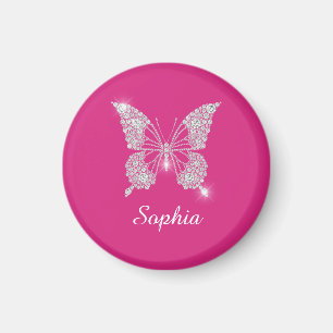 Aimant Papillon Diamant Blanc, Nom de Script, Fuchsia