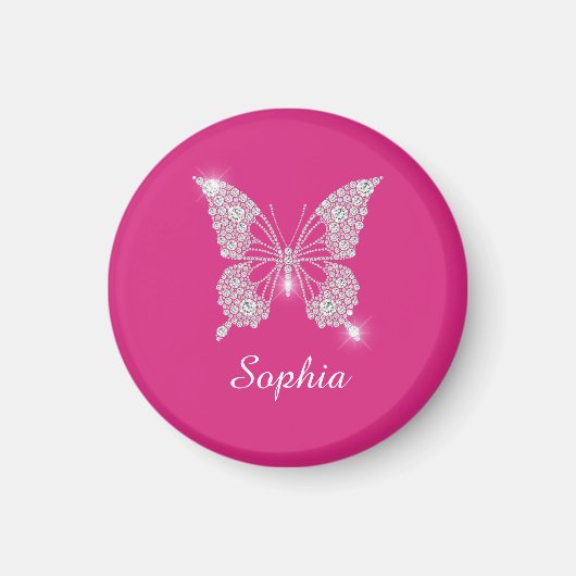 Aimant Papillon Diamant Blanc, Nom de Script, Fuchsia (Devant)
