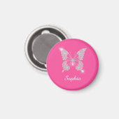 Aimant Papillon Diamant Blanc, Nom de Script, Rose (Recto/Verso)