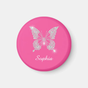 Aimant Papillon Diamant Blanc, Nom de Script, Rose