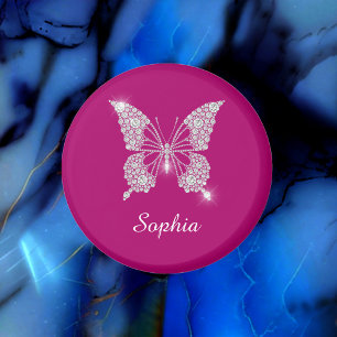 Aimant Papillon Diamant Blanc, Nom en écriture, Fuchsia P