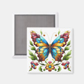 Aimant Papillon en vitrail coloré avec fleurs (Recto/Verso)