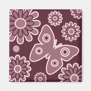 Aimant Papillon floral moderne de rose et de Bourgogne