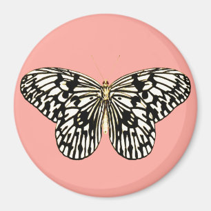 Aimant Papillon noir et blanc, arrière - plan corail rose