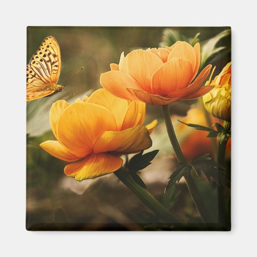 Aimant Papillon orange et fleurs (Devant)
