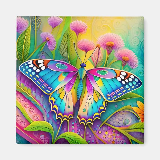 Aimant Papillon Psychédélique Coloré et Fleurs Sauvages (Devant)