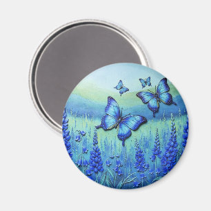 Aimant Papillons Bleus avec des Fleurs Bleues,