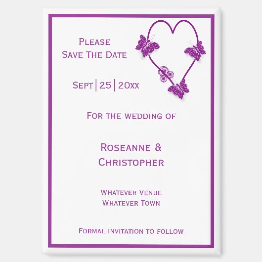 Aimant Papillons violets Mariage de conception cardiaque (Recto)