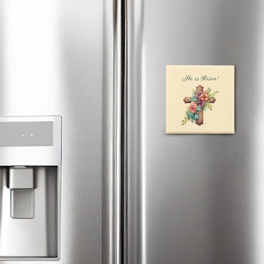 Aimant Pâques "Il est ressuscité" Croix florale