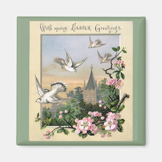 Aimant Pâques vintage, colombes blanches oiseaux et fleur (Devant)