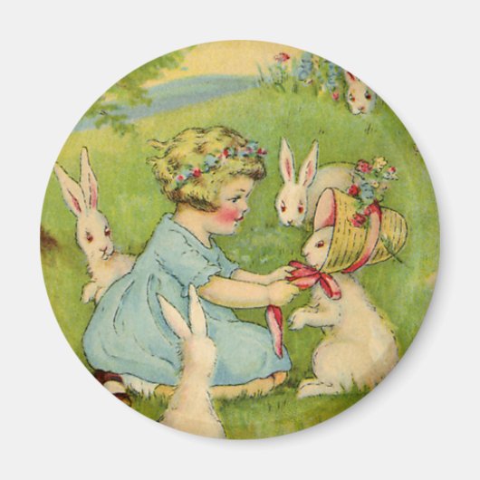 Aimant Pâques vintages, Bonnet fille sur lapin lapin (Devant)