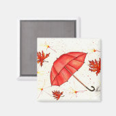 Aimant Parapluie rouge vif et aquarelle feuille rouge (Recto/Verso)
