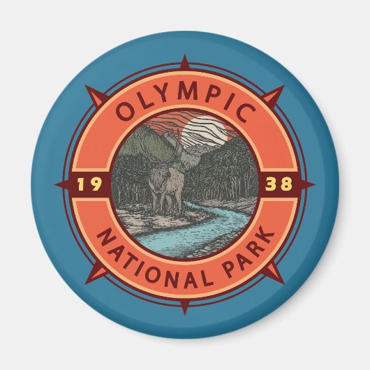 Aimant Parc national olympique Roosevelt Elk Compass rétr (Devant)