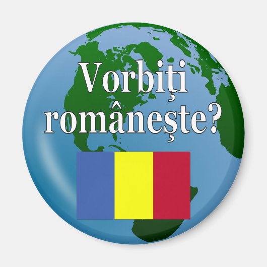 Aimant Parles-tu roumain ? en roumain. Drapeau et globe (Devant)