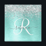 Aimant Parties scintillant argentée turquoise en métal br<br><div class="desc">Personnalisez facilement ce design d'aimant chic branché avec une jolie parties scintillant brillante en argent sur un arrière - plan métallique brossé turquoise.</div>
