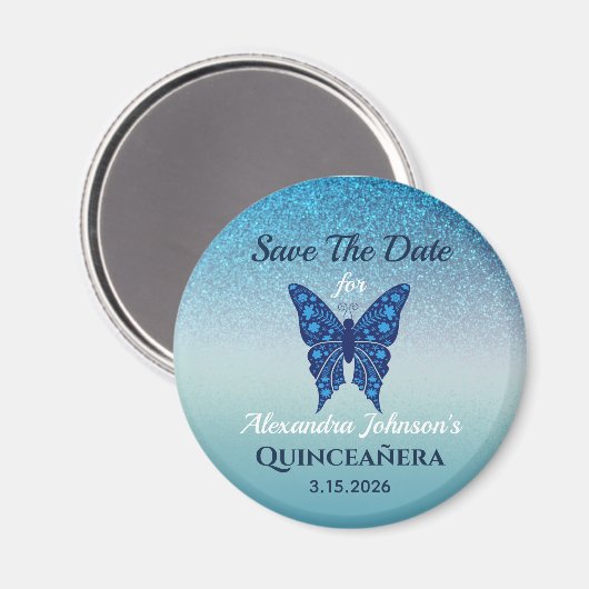 Aimant Parties scintillant Bleu Papillon Quinceanera Enre (Recto/Verso)