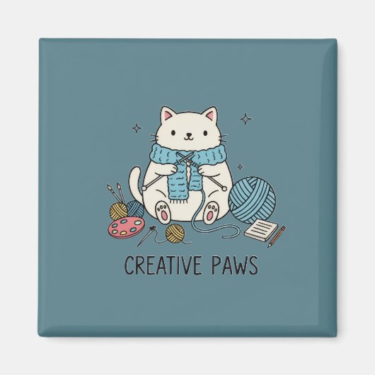 Aimant Pattes Créatives Tricotant Chat Blanc Accent Échar (Devant)