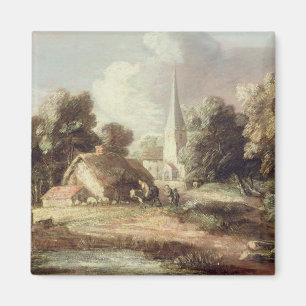 Aimant Paysage avec une église, cottage, villageois et