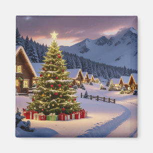 Aimant Paysage de lumières de Noël avec neige
