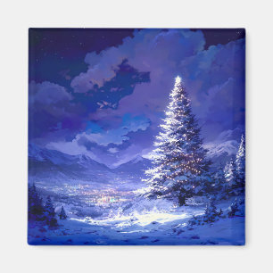 Aimant Paysage de montagne enneigée avec un arbre de Noël