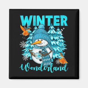 Aimant Paysage hivernal bonhomme de neige et flocons de n