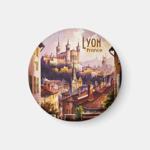 Aimant Paysage urbain à l'aquarelle vintage de Lyon Franc